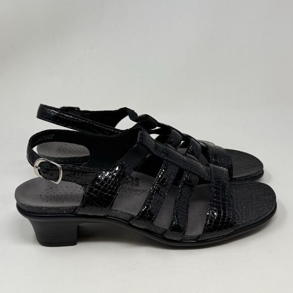 SAS Allegro Sandals Womens 10 N Narrow Black Leather Croc Print Pump Strappy - Picture 2 of 15